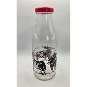 Vintage‎ Style Christmas Cow Glass Milk Bottle Red Lid Holiday Reindeer Decor